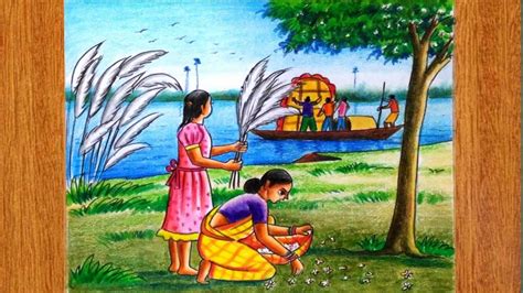 How To Draw Durga Puja Scenery Autumn Scenery Drawing Saratkal