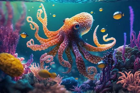 Octopus Swimming Underwater Ocean Among Colored Coral Reefs Ai