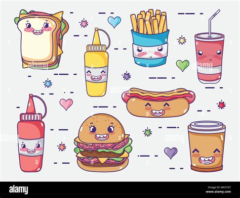 Colección de comida rápida kawaii caricaturas Imagen Vector de stock