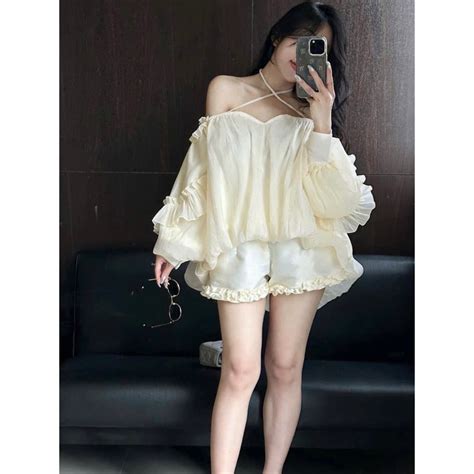 Nude Chiffon Blouse SET With Puffed Sleeves SHORT Shopee Singapore