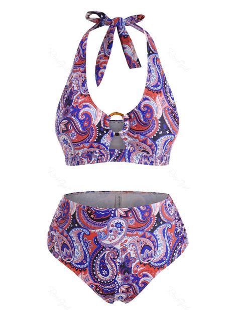 Plus Size Halter Paisley Print O Ring Ruched Full Covergae Bikini