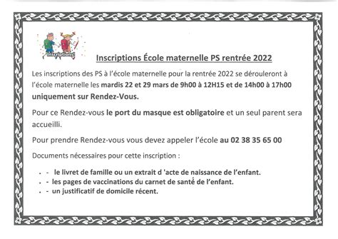 Inscriptions Ecole Maternelle Petite Section Les Et Mars