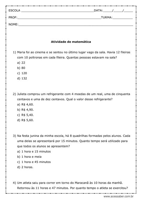 Prova De Matemática 4 Ano Para Imprimir Gabarito BRAINCP