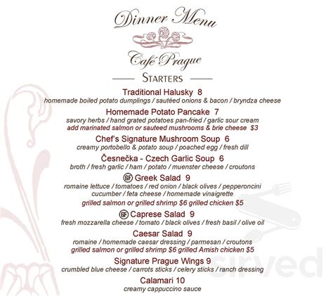 Cafe Prague menu in Chicago, Illinois, USA