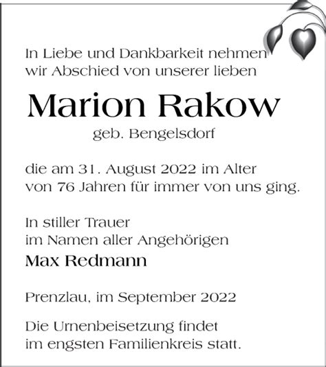 Traueranzeigen Von Marion Rakow Trauer Nordkurier