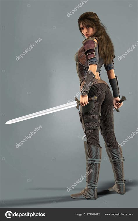 Rear View Of A Female Fantasy Warrior Looking Over Her Shoulder — Stock