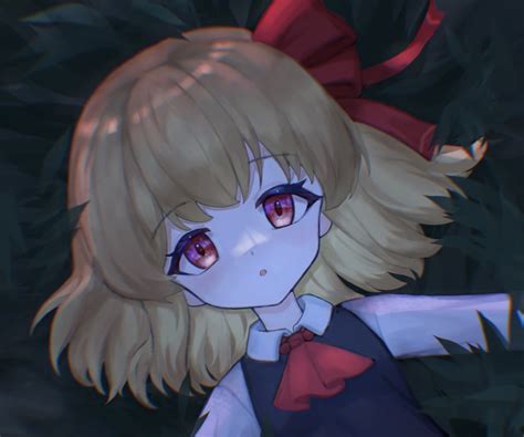Short Hair Skirt Blonde Rumia Shirt Red Eyes Touhou Simple Background Anime Girls Hair