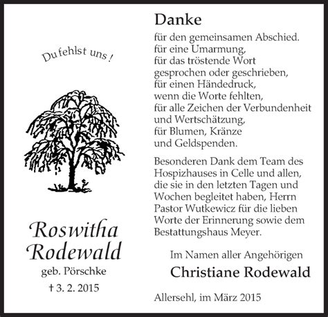 Traueranzeigen Von Roswitha Rodewald Az Trauer De