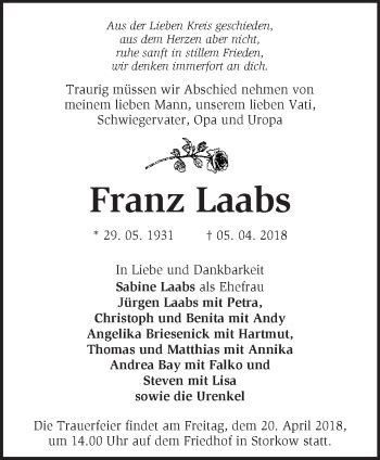 Traueranzeigen von Franz Laabs Märkische Onlinezeitung Trauerportal