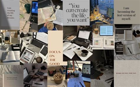 a collage of photos with laptops, papers and other things on the table