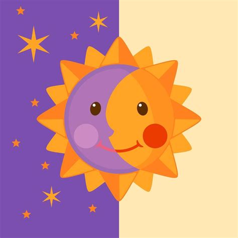 Funny Moon and Sun icon in flat style. Day and night concept. Vector illustration. 9328305 ...