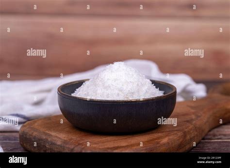 Coconut Powder Grounded Coconut Flakes On Wood Floor Dark Bowl Of