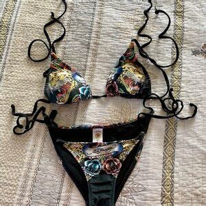 Ed Hardy Swim Ed Hardy Black And Red Bikini With Triangle Top Roses Tiger Poshmark