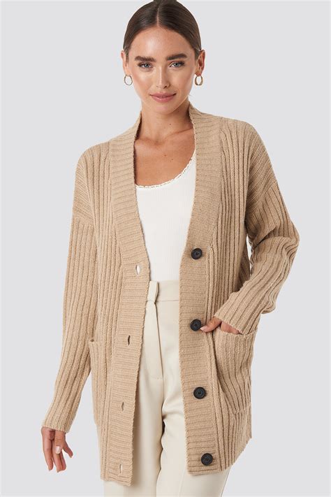 Ribbed Oversized Cardigan Beige Na Kd