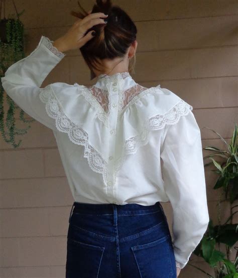 Vintage 70 S Blouse White Sheer Lace And Ruffle Button Up Medium