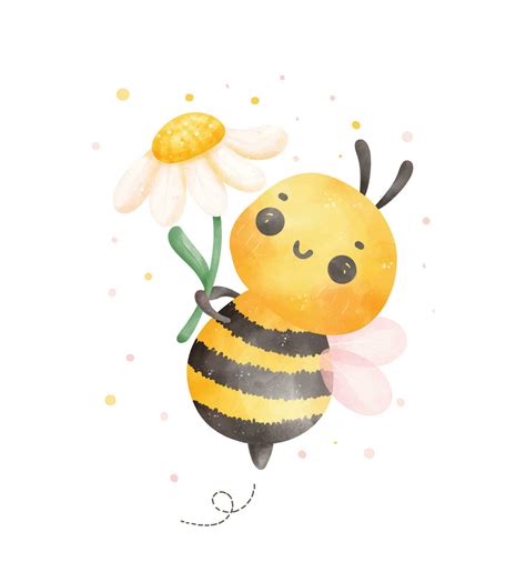 Cute Baby Honey Bee With Flower Watercolor Cartoon Character Hand