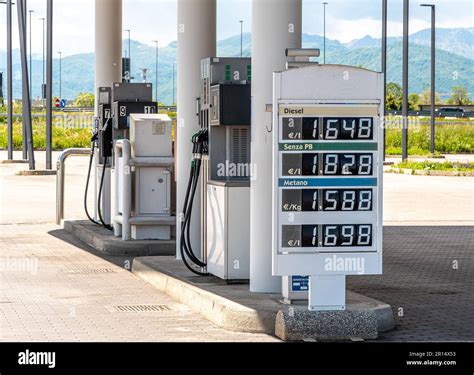 Display With Fuel Prices At Fuel Pump With Filling Nozzles In Italian