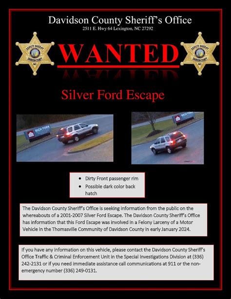 Press Release: Davidson County Sheriff searches for silver Ford Escape ...