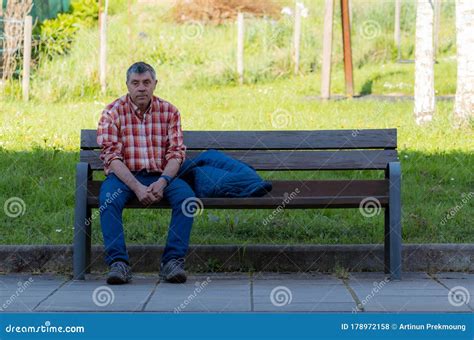 Gipuzkoa Spain March Sad And Tired Man Sitting On Wooden