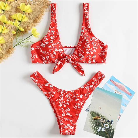 Zaful Tiny Floral Knotted Bikini Set Bathing Suit Plunging Neck