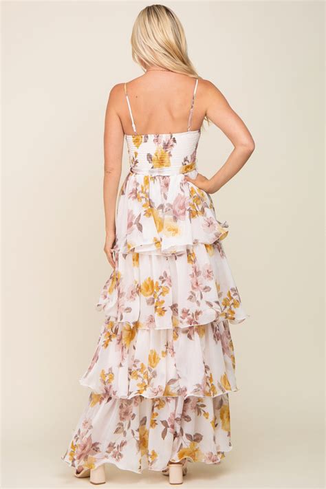 Gold Floral Smocked Ruffle Tiered Maxi Dress Pinkblush