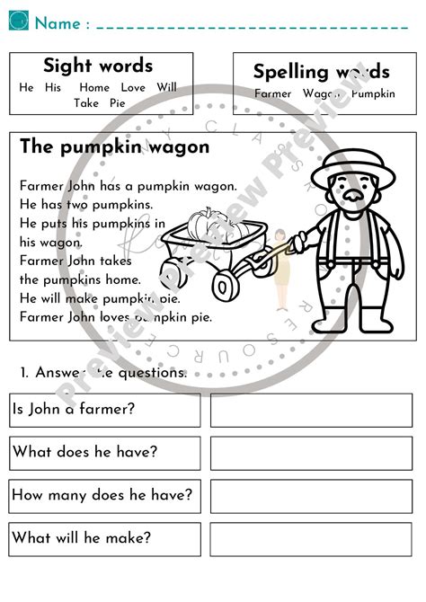 English Comprehension The Pumpkin Wagon Teacha