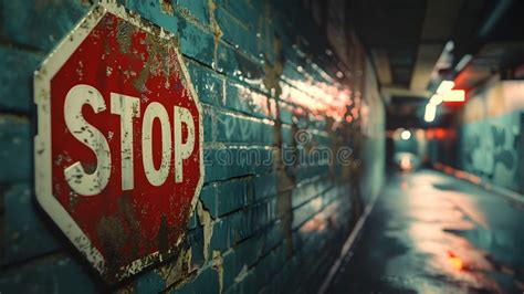 A Stop Sign is Painted on a Brick Wall Stock Image - Image of urban ...