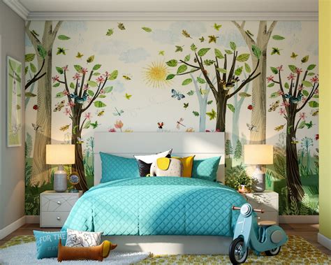 Floral Multicoloured Kids Bedroom Wallpaper Design | Livspace