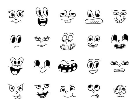 Collection of old retro traditional cartoon animation. Vintage faces of people with different ...