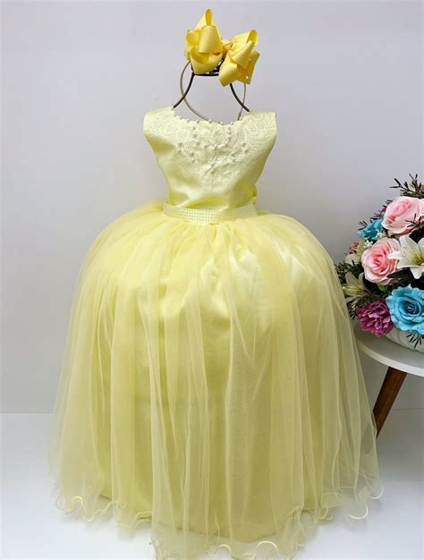 Vestido Infantil Damas de Honra Longo Amarelo Strass Pérolas