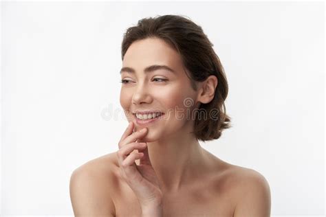 Close Up Of Happy Brunette Woman On White Stock Image Image Of Naked Brunette