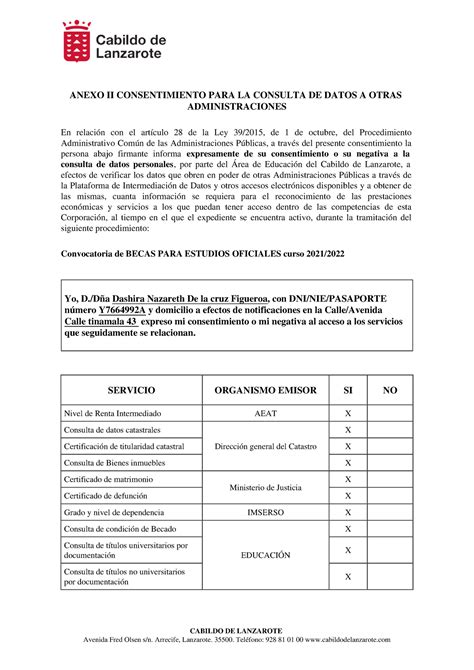 Document ANEXO II CONSENTIMIENTO PARA LA CONSULTA DE DATOS A OTRAS