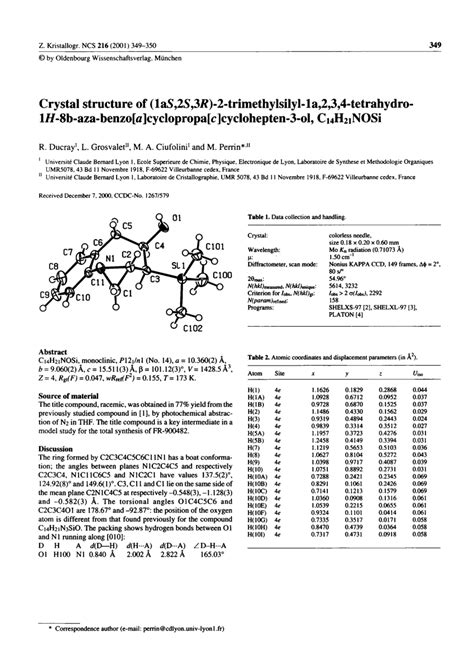 Crystal Structure Of 1aS 2S 3R 2 Trimethylsilyl 1a 2 3 4 Tetrahydro