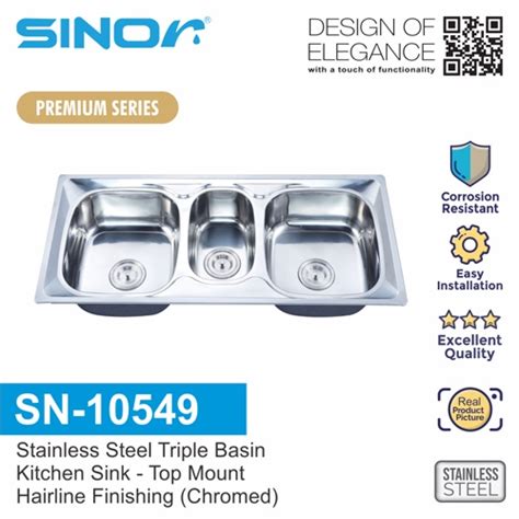 Sinor Sn Stainless Steel Triple Bowl Kitchen Sink Shopee Malaysia