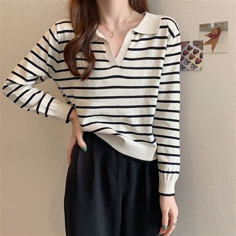 Jual LINGERIE MASTER T Knitwear Sweater Crop Rajut Sweater Bergaris Baju Rajut Import