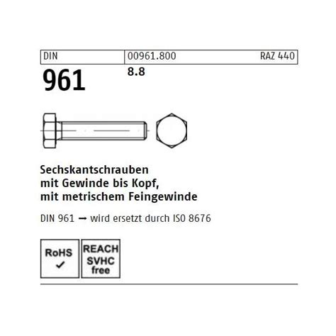 DIN 961 Sechskantschraube mit Gewinde bis Kopf, Feingewinde