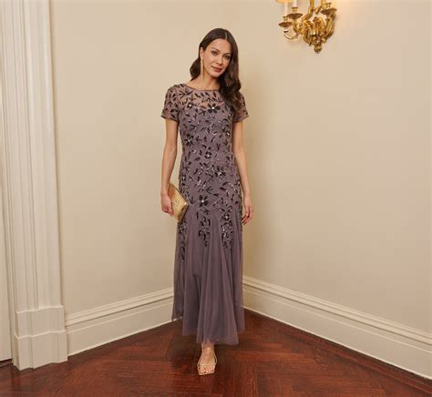 Hand Beaded Short Sleeve Floral Godet Gown In Moonscape Adrianna Papell