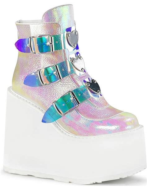 Pearl White Iridescent Platform Wedge Ankle Boots With Heart Metal Plates