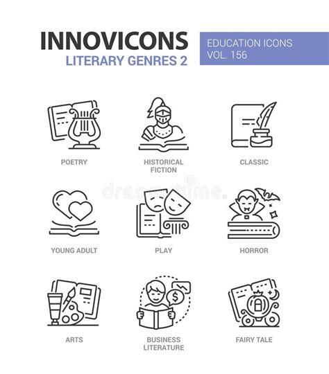 Literary Genres Line Design Style Icons Set Stock Vector