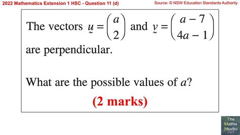 2022 Maths Extension 1 HSC Q11d Solve Dot Product Equation Given 2