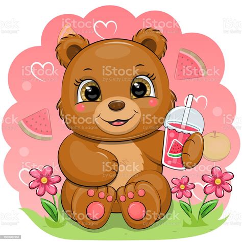 Cute Cartoon Brown Bear With Watermelon Juice Stock Illustration