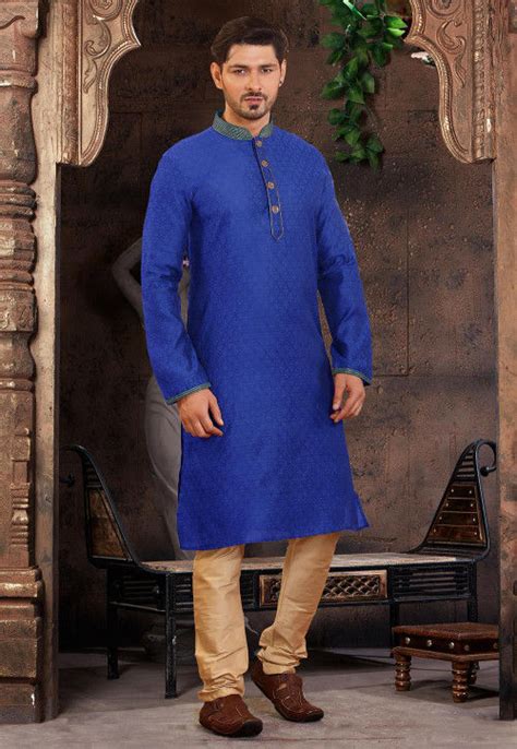 Buy Woven Cotton Jacquard Kurta Set In Royal Blue Online MMS1758