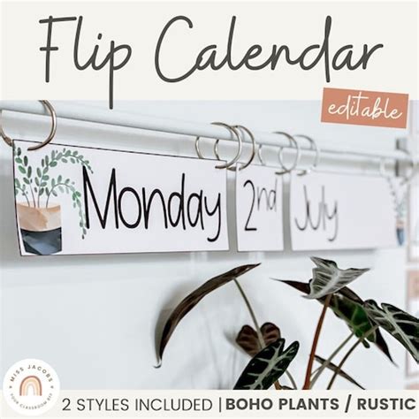 Flip Calendar Modern Boho Plants Rustic Classroom Decor Etsy Uk