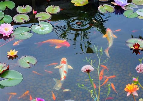 Premium Photo A Pond With Koi Fish And Lily Pads And A Koi Fish