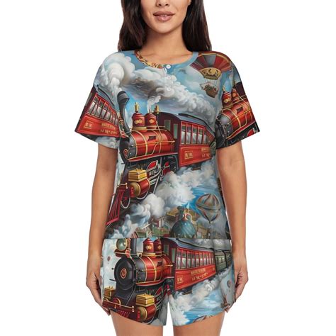 Derioi Red Train Hot Air Balloon For Women S Short Sleeved Pajama Piece Shorts Sleepwear Round