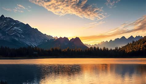 Premium AI Image | A mountain lake with a sunset in the background