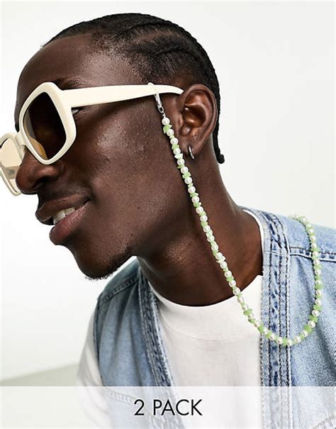 Asos Design 2 Pack Beaded Sunglasses Chains Set In Faux Pearl With Jade Chips Asos