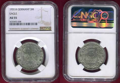 Deutschland Weimarer Republik 3 Mark 1931 A Adler Kursmünze NGC AU 55