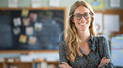 Beautiful Blonde Teacher At School Background Blackboard Teacher Classroom Background Image