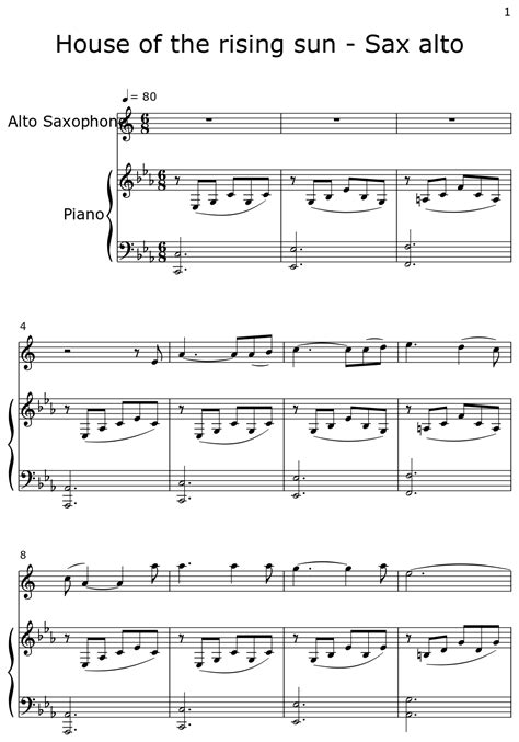 House Of The Rising Sun Sax Alto Sheet Music For Alto Saxophone Piano